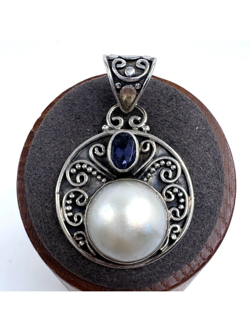 Mabe Pearl & Blue Gemstone Circle Pendant Sterling Silver 925 Size 1.5" Length